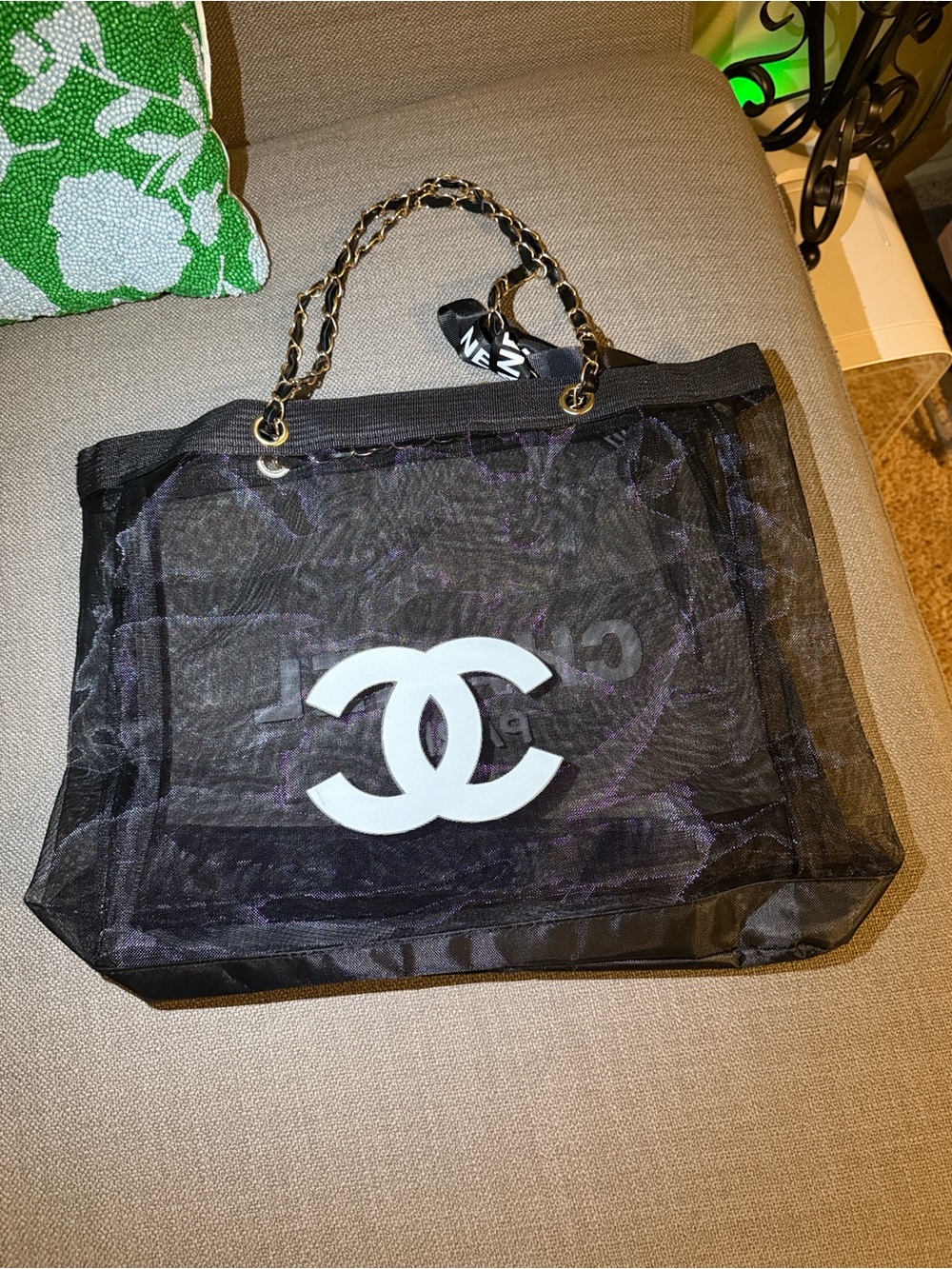 Black Mesh Tote with White Logo and Chain-Strap Accents - Picture 2 of 3